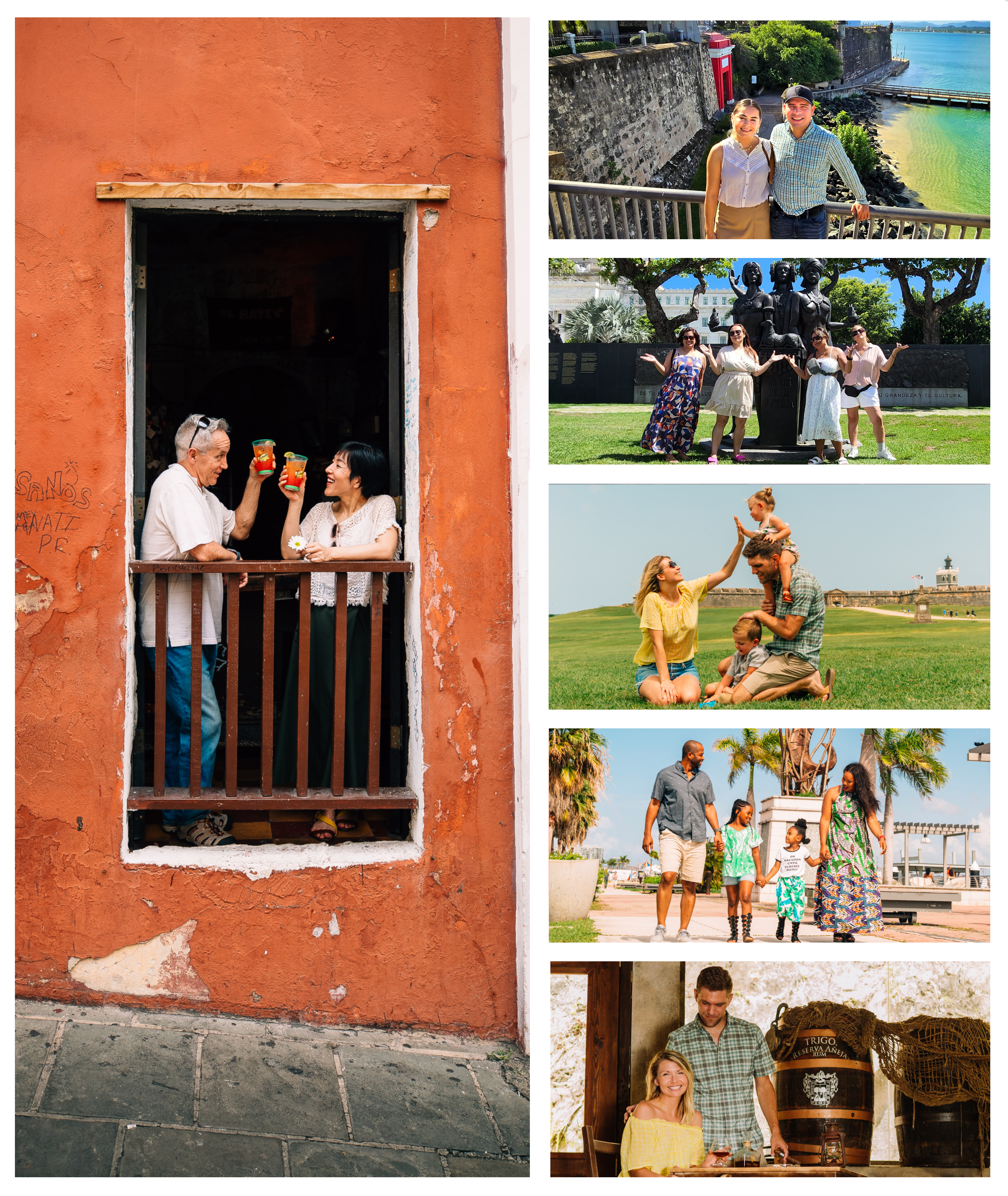 This collage highlights the range of personalized travel experiences offered by Bucketlist Tours. The main image features a senior couple enjoying cocktails at La Factoría, Puerto Rico's most famous bar. Additional images include a Latino couple posing with Old San Juan’s Executive Mansion and San Juan Gate in the background, a bachelorette party celebrating at the Altar de la Patria monument, a family playing on the sunny esplanade of El Morro, an African American family strolling by the cruise ship pier, and a family enjoying a private visit to the world-renowned Barrilito Rum Distillery. Each moment reflects Bucketlist Tours’ dedication to creating unique and tailored travel experiences.