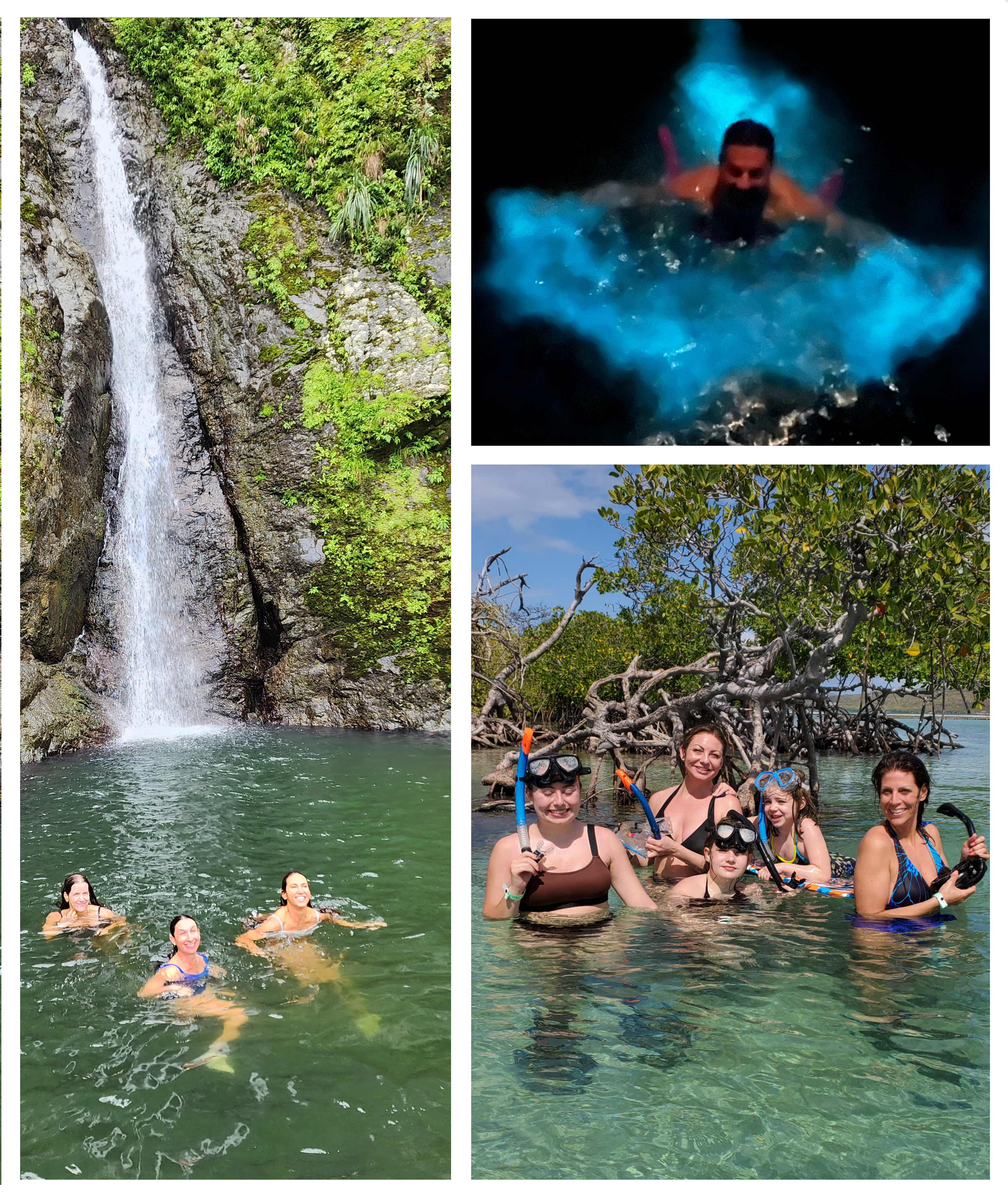 This collage highlights the diversity of Bucketlist Tours’ custom travel services. The first image features a bachelorette group enjoying a refreshing dip in a rainforest pond. The second captures a family snorkeling in the warm, crystal-clear waters of a Cay. The third showcases a man experiencing the magic of bioluminescence while immersed in La Parguera's glowing waters. Each moment reflects the tailored adventures Bucketlist Tours creates for its clients.