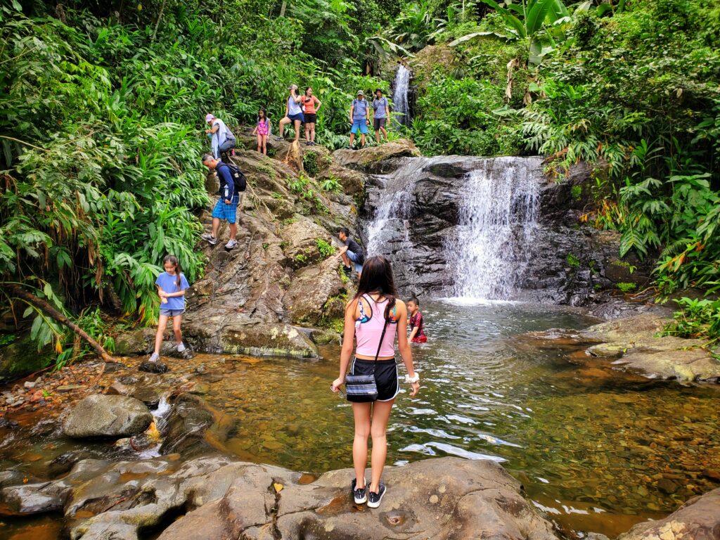 A group of friends, traveling to Puerto Rico and staying at Fairmont El San Juan Hotel, enjoying an exciting day at Las Delicias Waterfalls in Toro Negro Rainforest. Captured as they hike through lush greenery to reach the second waterfall, they are guided by an ambassador who ensures safety and fun throughout. This unforgettable experience is part of Bucketlist Tours’ Ocean Edge to Jungle’s Heart private adventure, a blend of a Tropical Beach, a hiking tour, and the Rainforest in Puerto Rico, available from San Juan, Dorado, and Rio Grande.