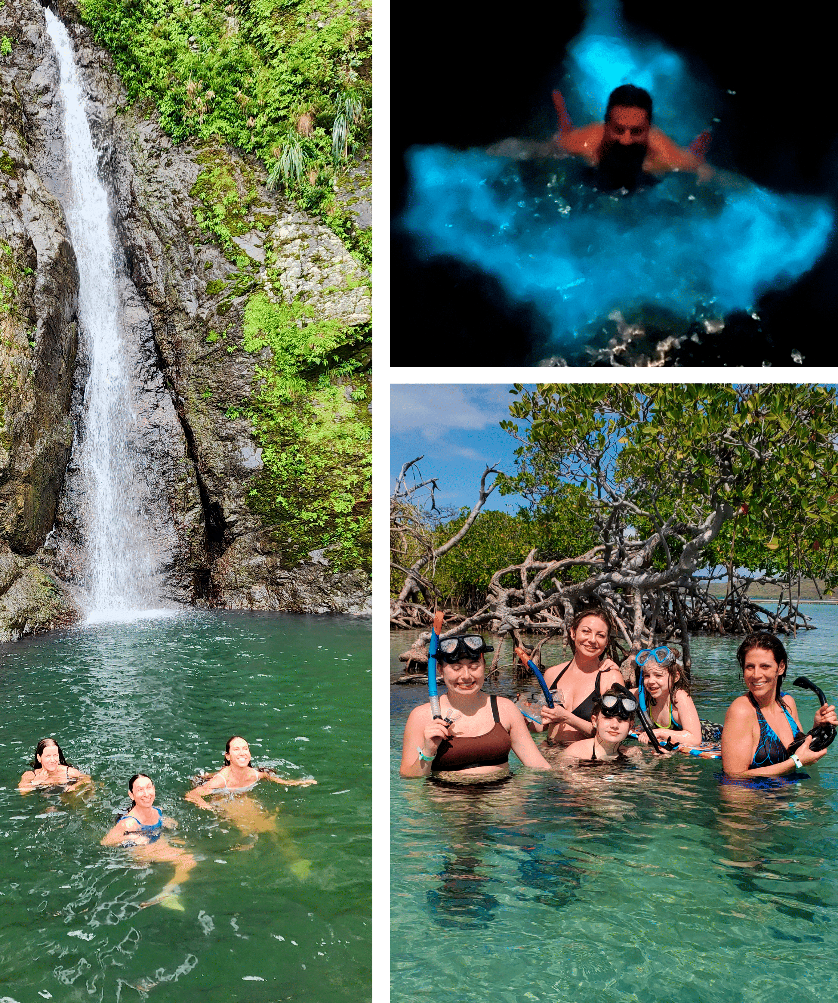 This collage highlights the range of personalized travel experiences offered by Bucketlist Tours. The main image features a senior couple enjoying cocktails at La Factoría, Puerto Rico's most famous bar. Additional images include a Latino couple posing with Old San Juan’s Executive Mansion and San Juan Gate in the background, a bachelorette party celebrating at the Altar de la Patria monument, a family playing on the sunny esplanade of El Morro, an African American family strolling by the cruise ship pier, and a family enjoying a private visit to the world-renowned Barrilito Rum Distillery. Each moment reflects Bucketlist Tours’ dedication to creating unique and tailored travel experiences.