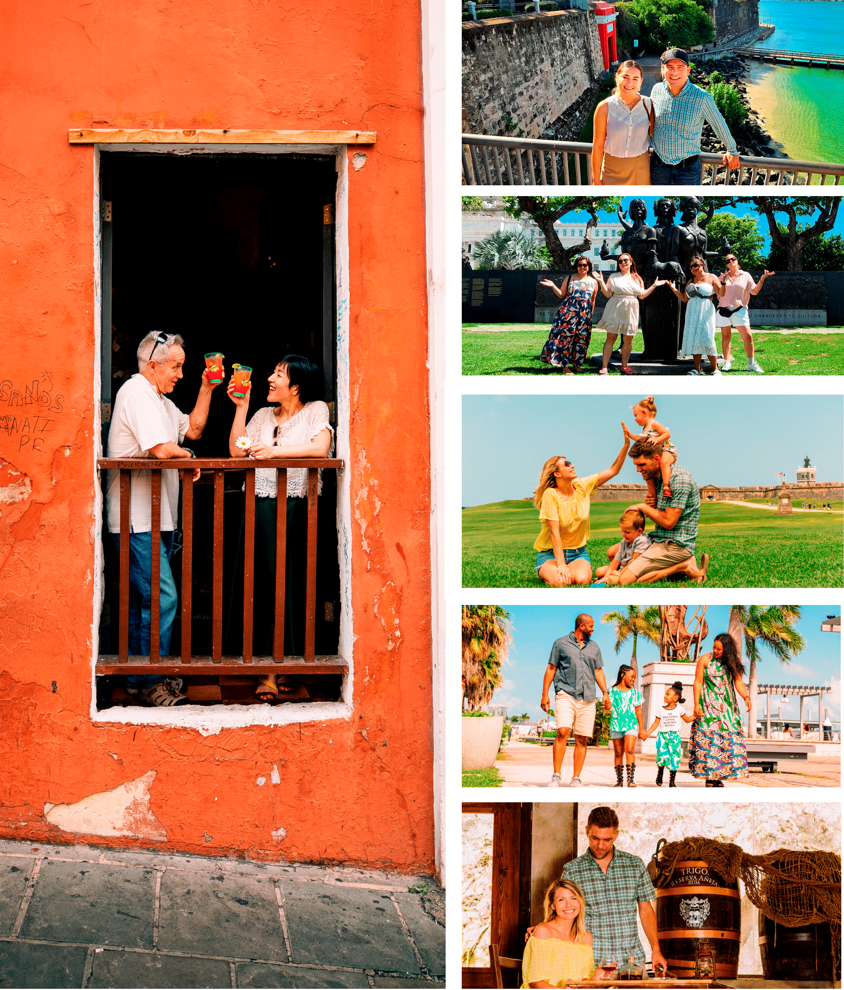 This collage highlights the range of personalized travel experiences offered by Bucketlist Tours. The main image features a senior couple enjoying cocktails at La Factoría, Puerto Rico's most famous bar. Additional images include a Latino couple posing with Old San Juan’s Executive Mansion and San Juan Gate in the background, a bachelorette party celebrating at the Altar de la Patria monument, a family playing on the sunny esplanade of El Morro, an African American family strolling by the cruise ship pier, and a family enjoying a private visit to the world-renowned Barrilito Rum Distillery. Each moment reflects Bucketlist Tours’ dedication to creating unique and tailored travel experiences.